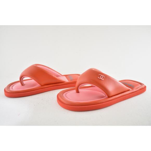 Chanel 22P Pink Red Lambskin Padded Pool Thong Logo Mule Slide Flat Sandal 37 - Picture 11 of 16